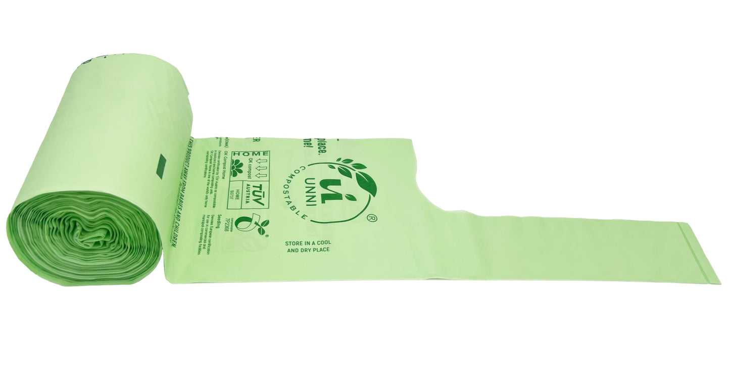 UNNI Compostable Bags with Handles, 2.6 Gallon, 9.84 Liter, 100 Count, 0.68 Mil, Samll Kitchen Food Scrap Waste Bags, T-Shirt Bags, ASTM D6400, US BPI, CMA & OK Compost Home Certified, San Francisco