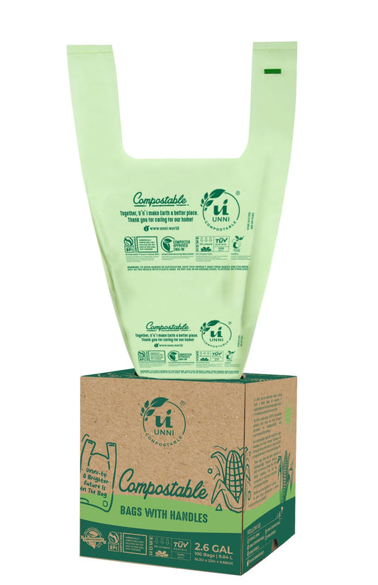 UNNI Compostable Bags with Handles, 2.6 Gallon, 9.84 Liter, 100 Count, 0.68 Mil, Samll Kitchen Food Scrap Waste Bags, T-Shirt Bags, ASTM D6400, US BPI, CMA & OK Compost Home Certified, San Francisco