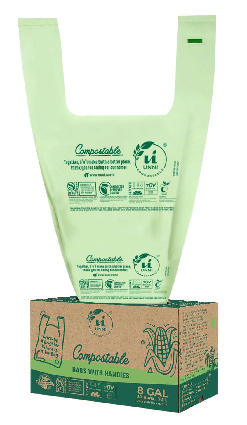 UNNI Compostable Bags with Handles, 2.6 Gallon, 9.84 Liter, 100 Count, 0.68 Mil, Samll Kitchen Food Scrap Waste Bags, T-Shirt Bags, ASTM D6400, US BPI, CMA & OK Compost Home Certified, San Francisco