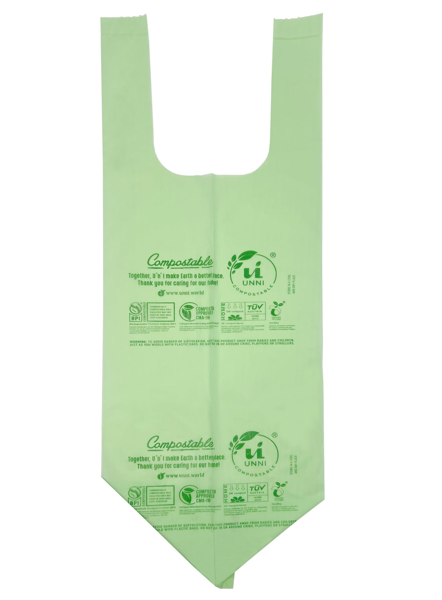 UNNI Compostable Bags with Handles, 2.6 Gallon, 9.84 Liter, 100 Count, 0.68 Mil, Samll Kitchen Food Scrap Waste Bags, T-Shirt Bags, ASTM D6400, US BPI, CMA & OK Compost Home Certified, San Francisco