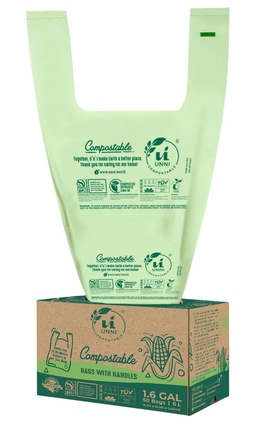 UNNI Compostable Bags with Handles, 2.6 Gallon, 9.84 Liter, 100 Count, 0.68 Mil, Samll Kitchen Food Scrap Waste Bags, T-Shirt Bags, ASTM D6400, US BPI, CMA & OK Compost Home Certified, San Francisco