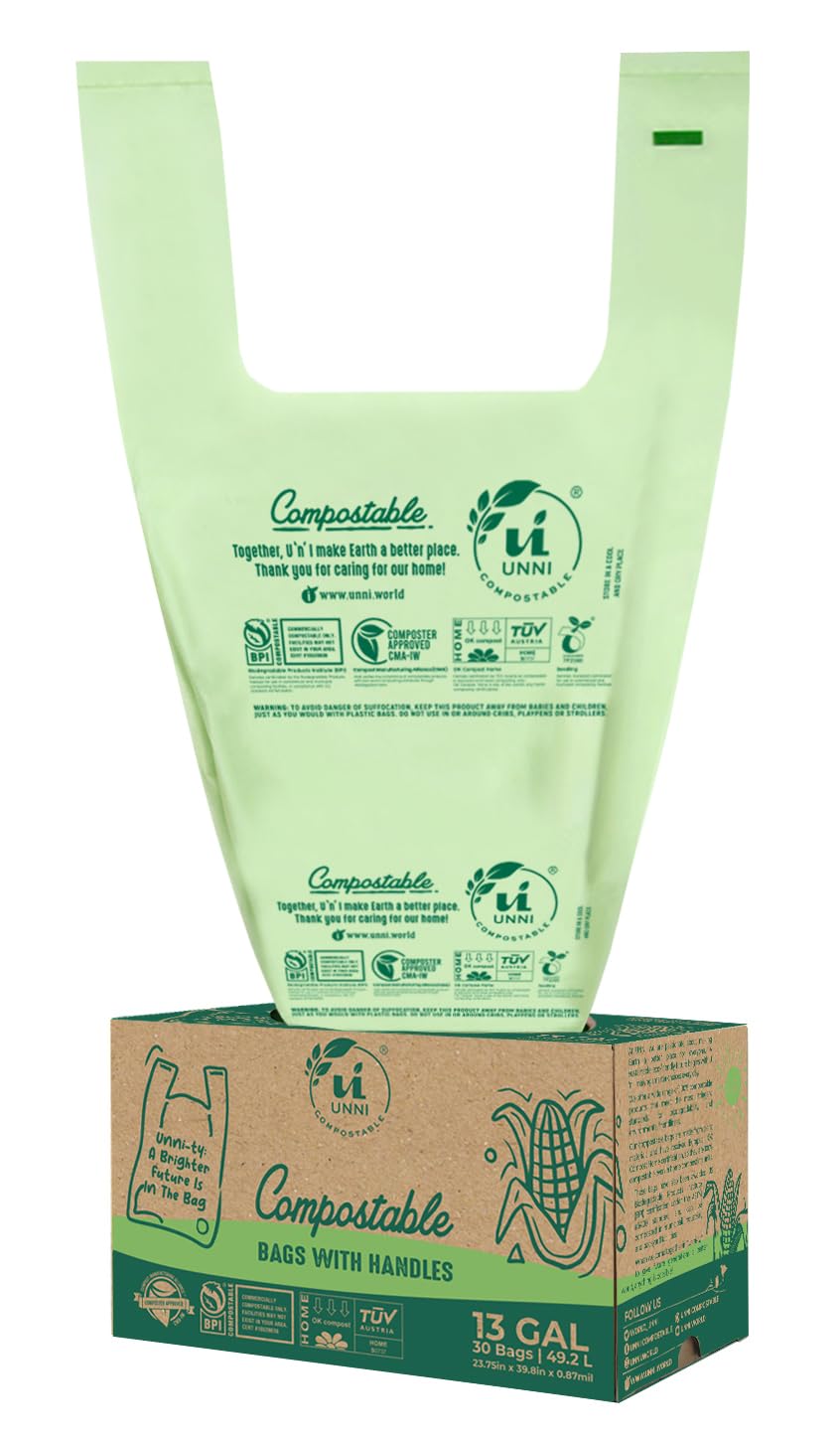UNNI Compostable Bags with Handles, 2.6 Gallon, 9.84 Liter, 100 Count, 0.68 Mil, Samll Kitchen Food Scrap Waste Bags, T-Shirt Bags, ASTM D6400, US BPI, CMA & OK Compost Home Certified, San Francisco