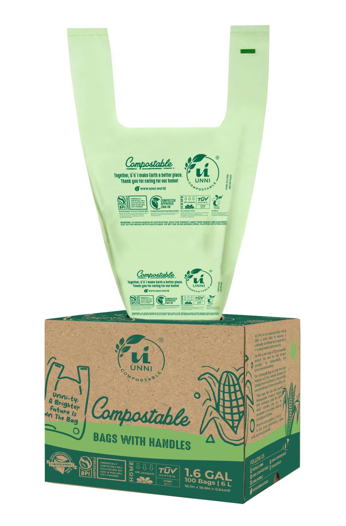 UNNI Compostable Bags with Handles, 2.6 Gallon, 9.84 Liter, 100 Count, 0.68 Mil, Samll Kitchen Food Scrap Waste Bags, T-Shirt Bags, ASTM D6400, US BPI, CMA & OK Compost Home Certified, San Francisco