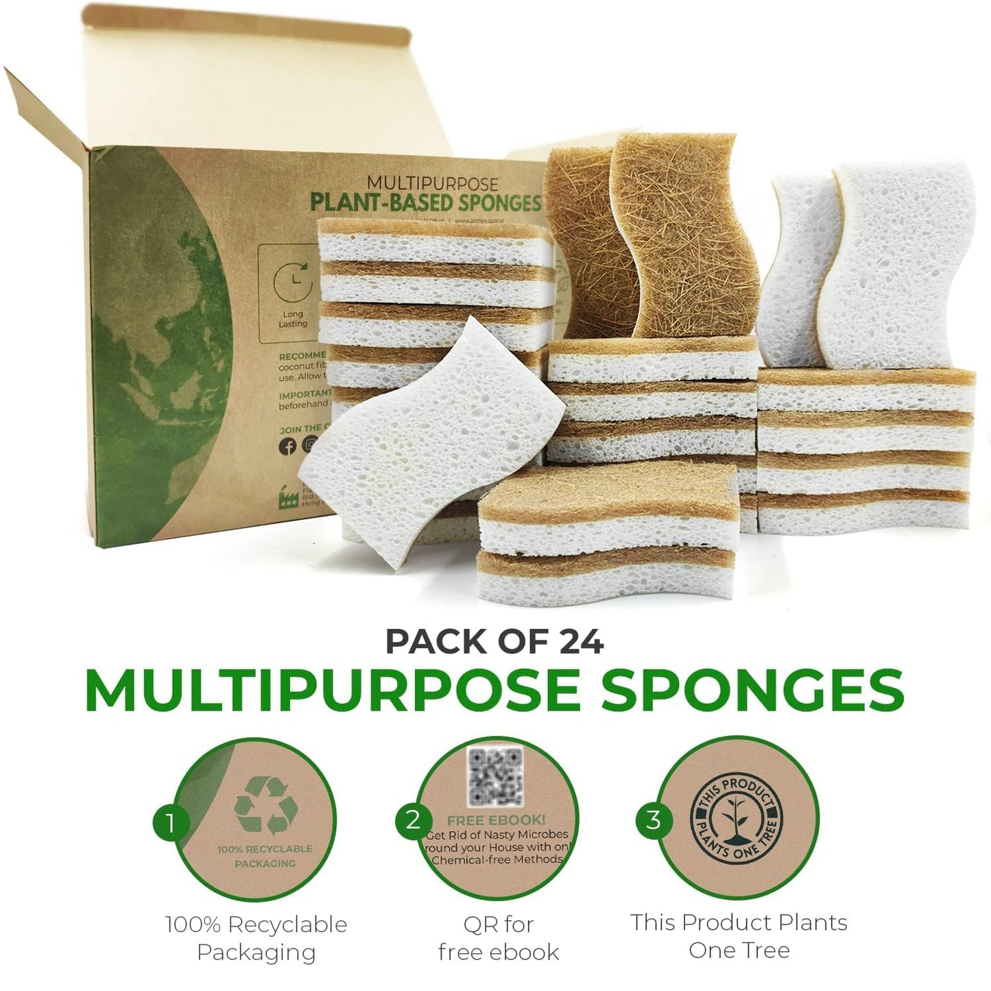 Natural Kitchen Sponge - Biodegradable Compostable Cellulose and Coconut Scrubber Sponge - Pack of 12 Eco Friendly Sponges for Dishes