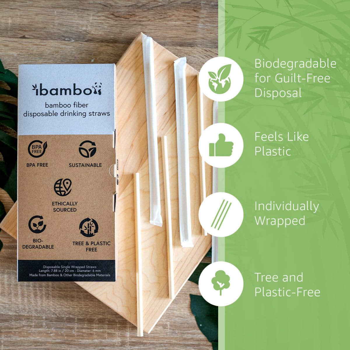 4000 Pack Disposable Bamboo Powder Straws - 7.88" Compostable Single Wrapped Drinking Straws | Durable Disposable Straws for Hot & Cold Drinks | Biodegradable Straws for Commercial or Home Use