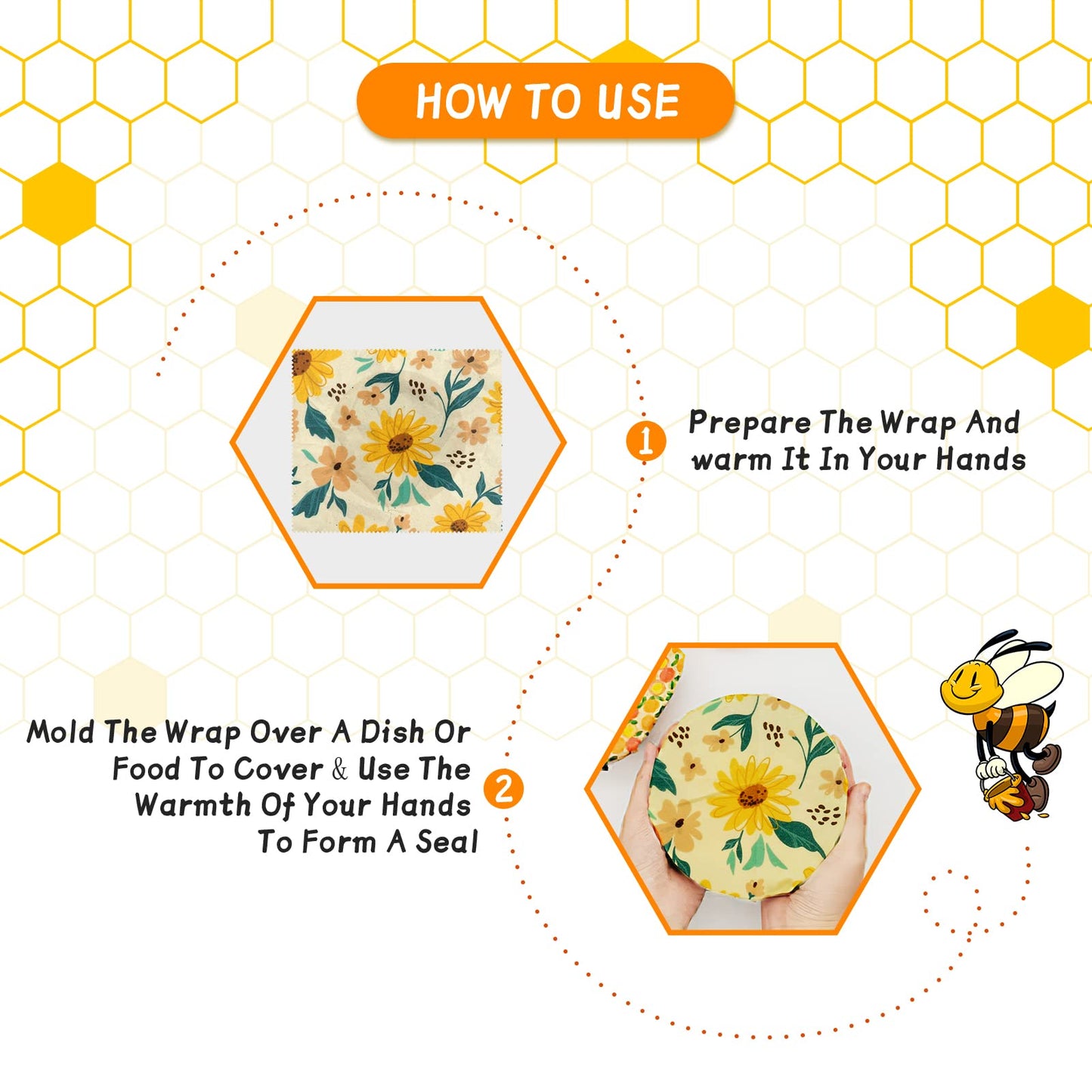 Reusable Beeswax Wrap - 9 Pack Beeswax Wraps For Food, Organic, Sustainable, Biodegradable, Zero Waste, Plastic-Free Food Storage, 1L Strawberry, 3M Orange, 5S Lemon Patterns