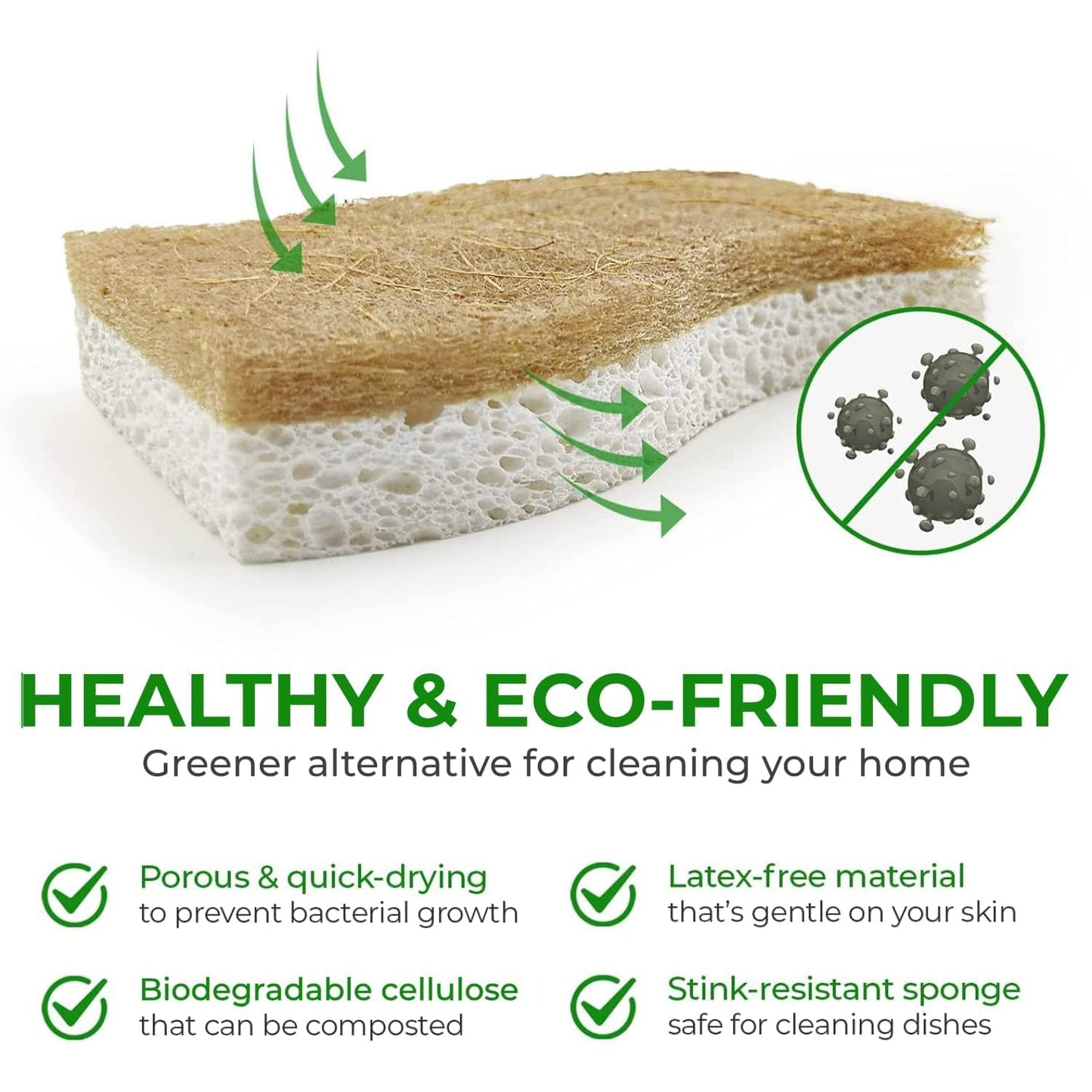 Natural Kitchen Sponge - Biodegradable Compostable Cellulose and Coconut Scrubber Sponge - Pack of 12 Eco Friendly Sponges for Dishes