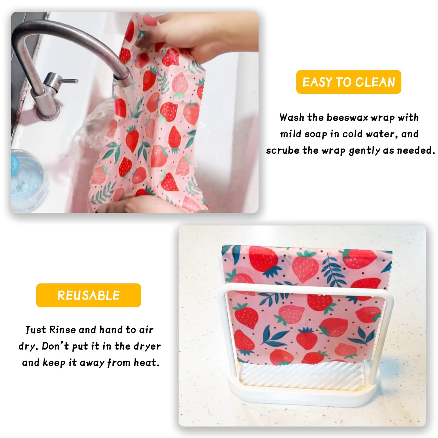 Reusable Beeswax Wrap - 9 Pack Beeswax Wraps For Food, Organic, Sustainable, Biodegradable, Zero Waste, Plastic-Free Food Storage, 1L Strawberry, 3M Orange, 5S Lemon Patterns