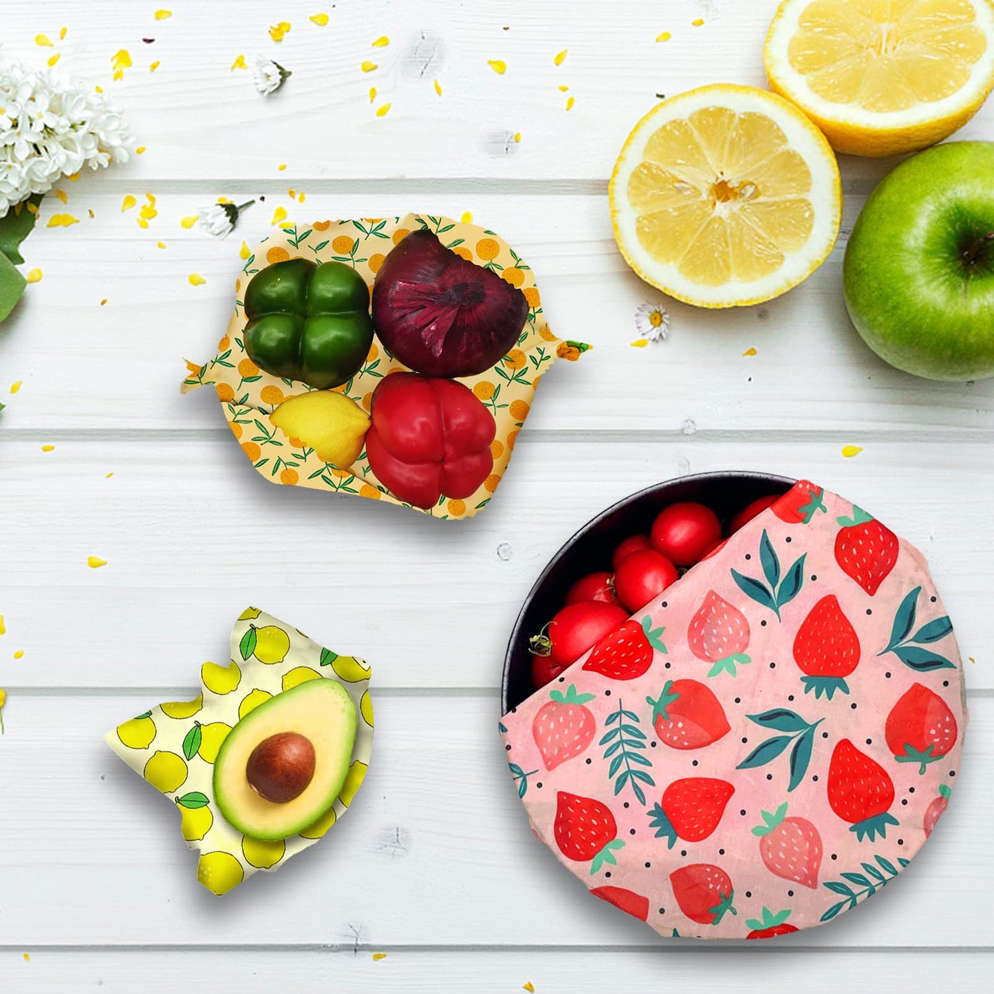 Reusable Beeswax Wrap - 9 Pack Beeswax Wraps For Food, Organic, Sustainable, Biodegradable, Zero Waste, Plastic-Free Food Storage, 1L Strawberry, 3M Orange, 5S Lemon Patterns
