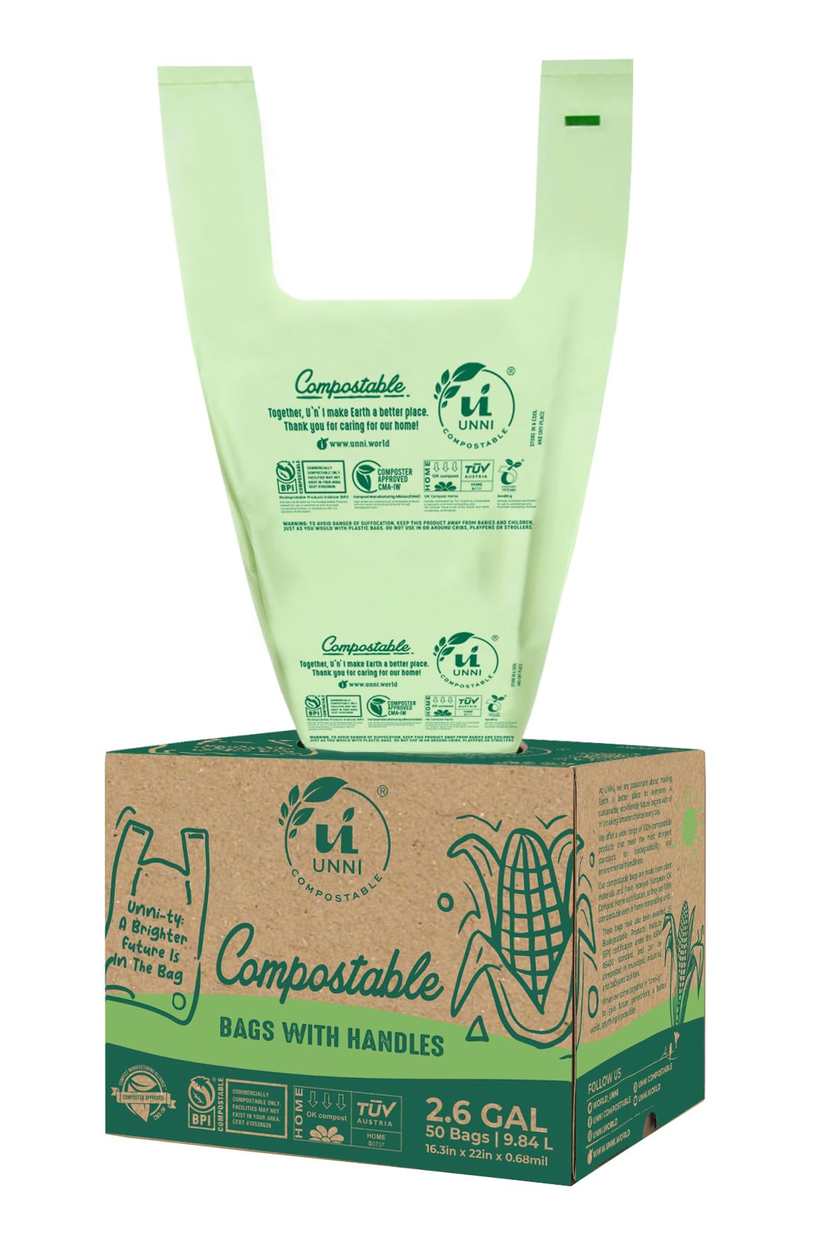UNNI Compostable Bags with Handles, 2.6 Gallon, 9.84 Liter, 100 Count, 0.68 Mil, Samll Kitchen Food Scrap Waste Bags, T-Shirt Bags, ASTM D6400, US BPI, CMA & OK Compost Home Certified, San Francisco