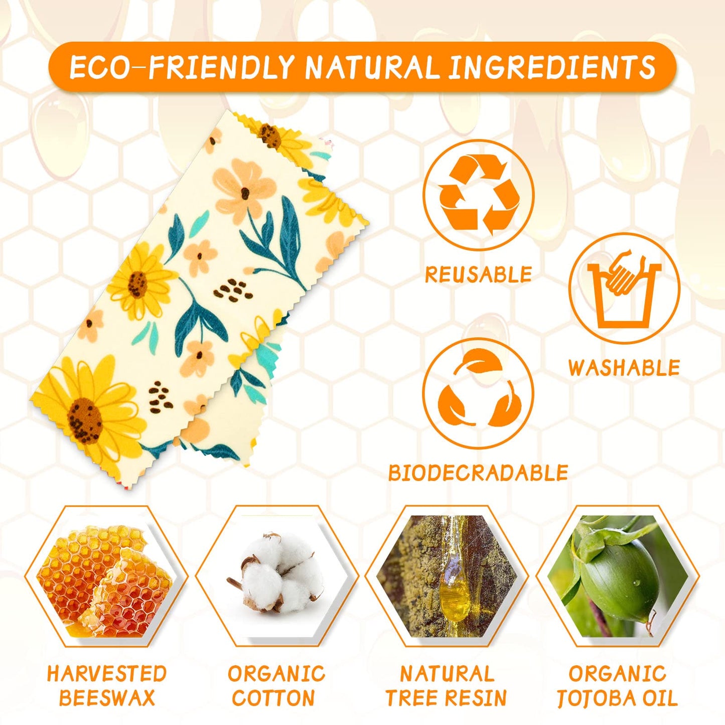 Reusable Beeswax Wrap - 9 Pack Beeswax Wraps For Food, Organic, Sustainable, Biodegradable, Zero Waste, Plastic-Free Food Storage, 1L Strawberry, 3M Orange, 5S Lemon Patterns