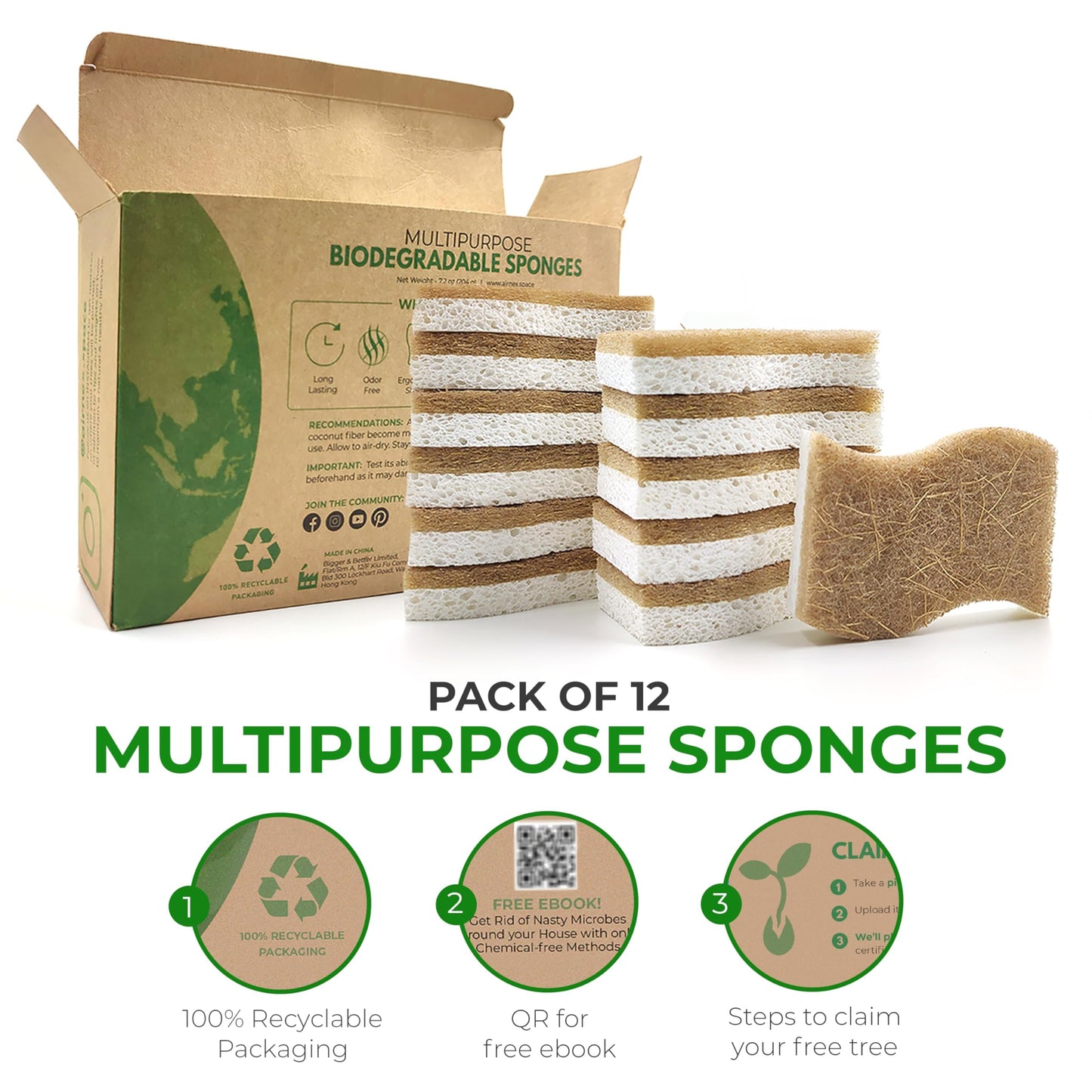 Natural Kitchen Sponge - Biodegradable Compostable Cellulose and Coconut Scrubber Sponge - Pack of 12 Eco Friendly Sponges for Dishes