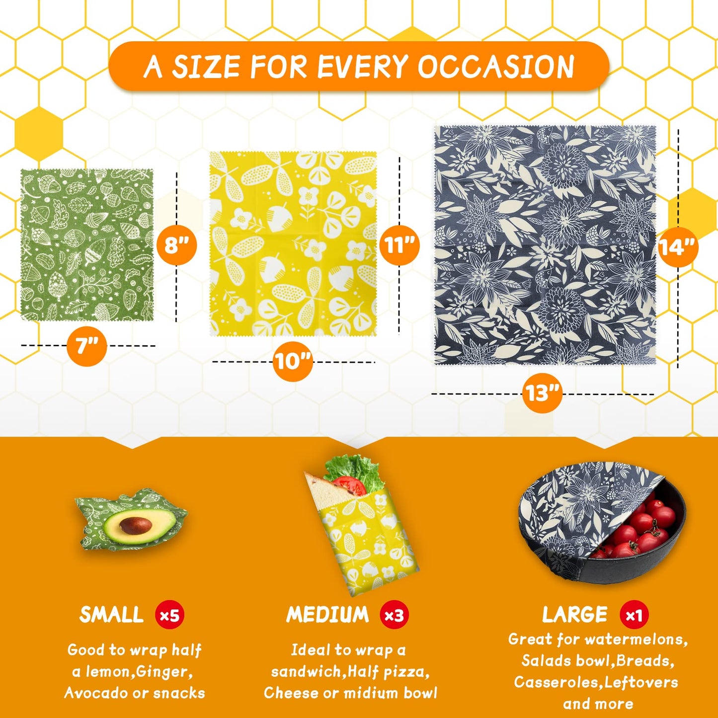 Reusable Beeswax Wrap - 9 Pack Beeswax Wraps For Food, Organic, Sustainable, Biodegradable, Zero Waste, Plastic-Free Food Storage, 1L Strawberry, 3M Orange, 5S Lemon Patterns