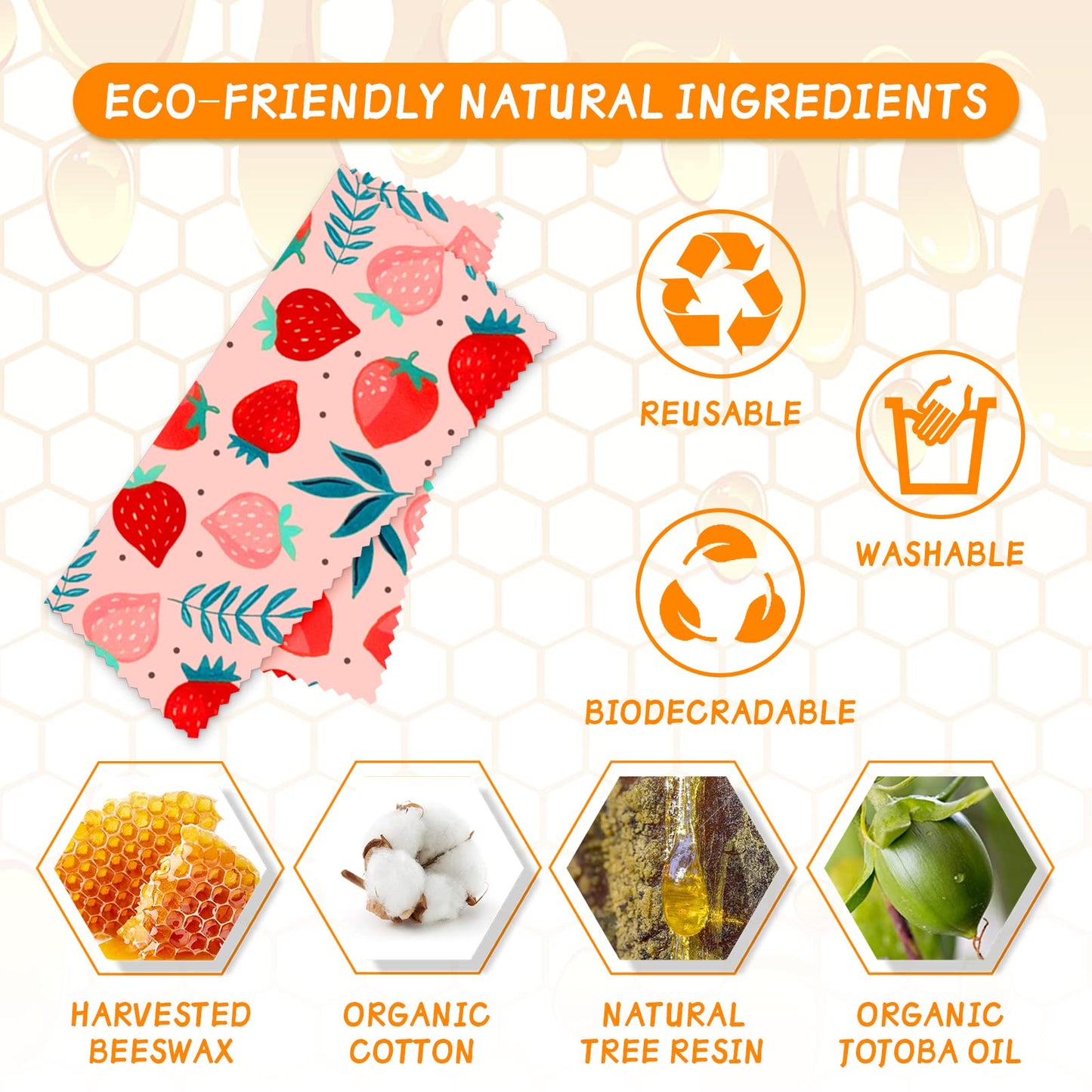 Reusable Beeswax Wrap - 9 Pack Beeswax Wraps For Food, Organic, Sustainable, Biodegradable, Zero Waste, Plastic-Free Food Storage, 1L Strawberry, 3M Orange, 5S Lemon Patterns