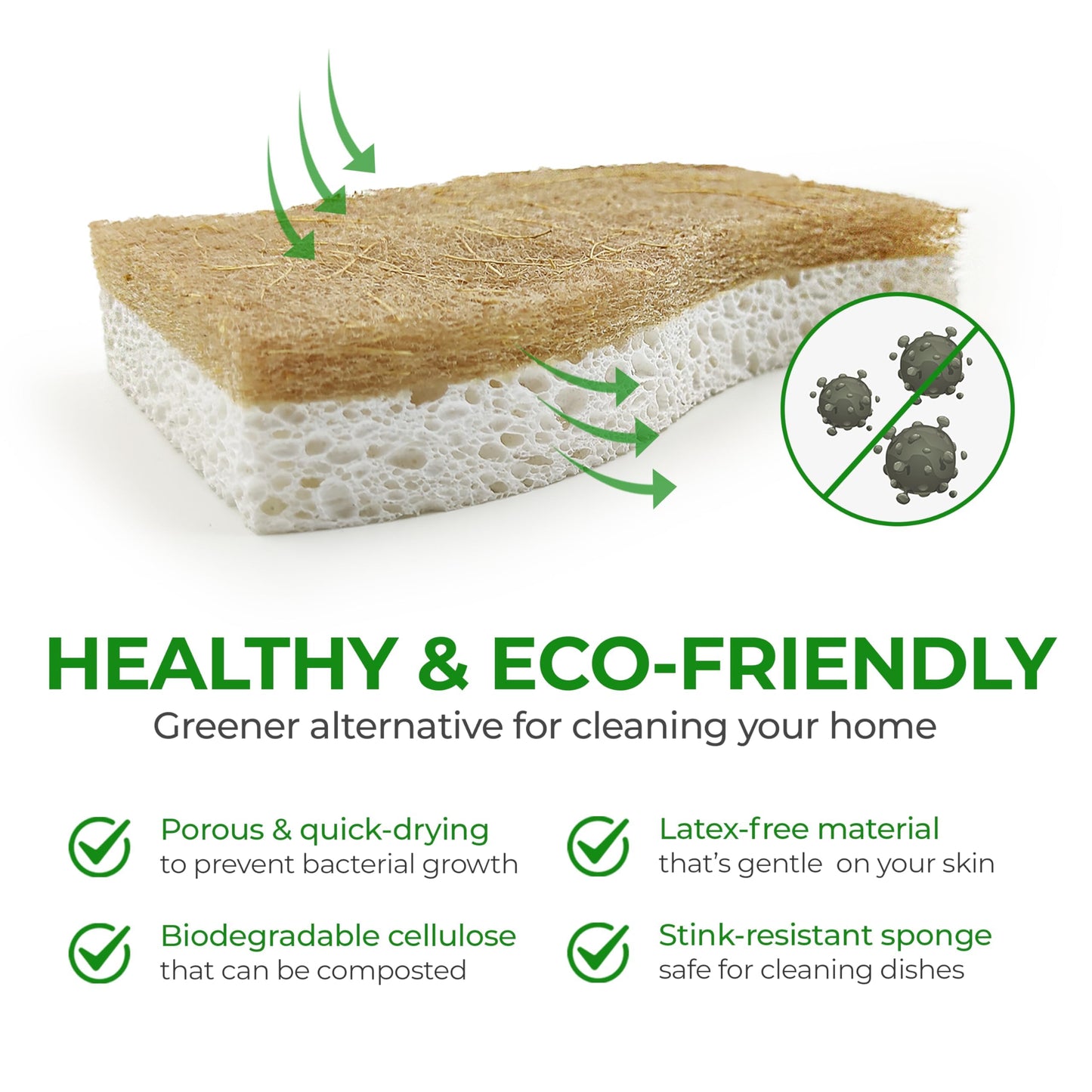 Natural Kitchen Sponge - Biodegradable Compostable Cellulose and Coconut Scrubber Sponge - Pack of 12 Eco Friendly Sponges for Dishes