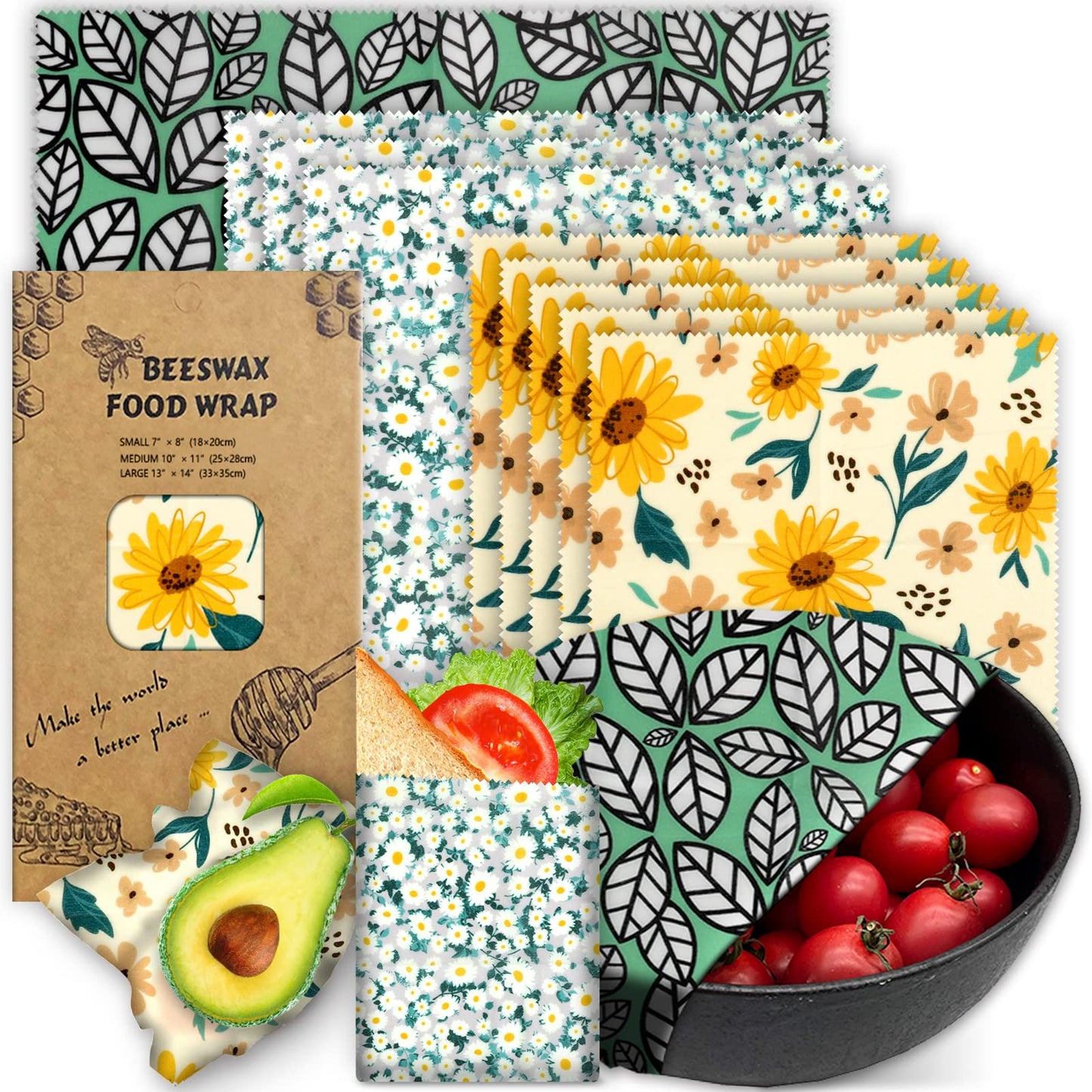 Reusable Beeswax Wrap - 9 Pack Beeswax Wraps For Food, Organic, Sustainable, Biodegradable, Zero Waste, Plastic-Free Food Storage, 1L Strawberry, 3M Orange, 5S Lemon Patterns