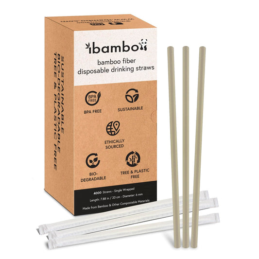 4000 Pack Disposable Bamboo Powder Straws - 7.88" Compostable Single Wrapped Drinking Straws | Durable Disposable Straws for Hot & Cold Drinks | Biodegradable Straws for Commercial or Home Use