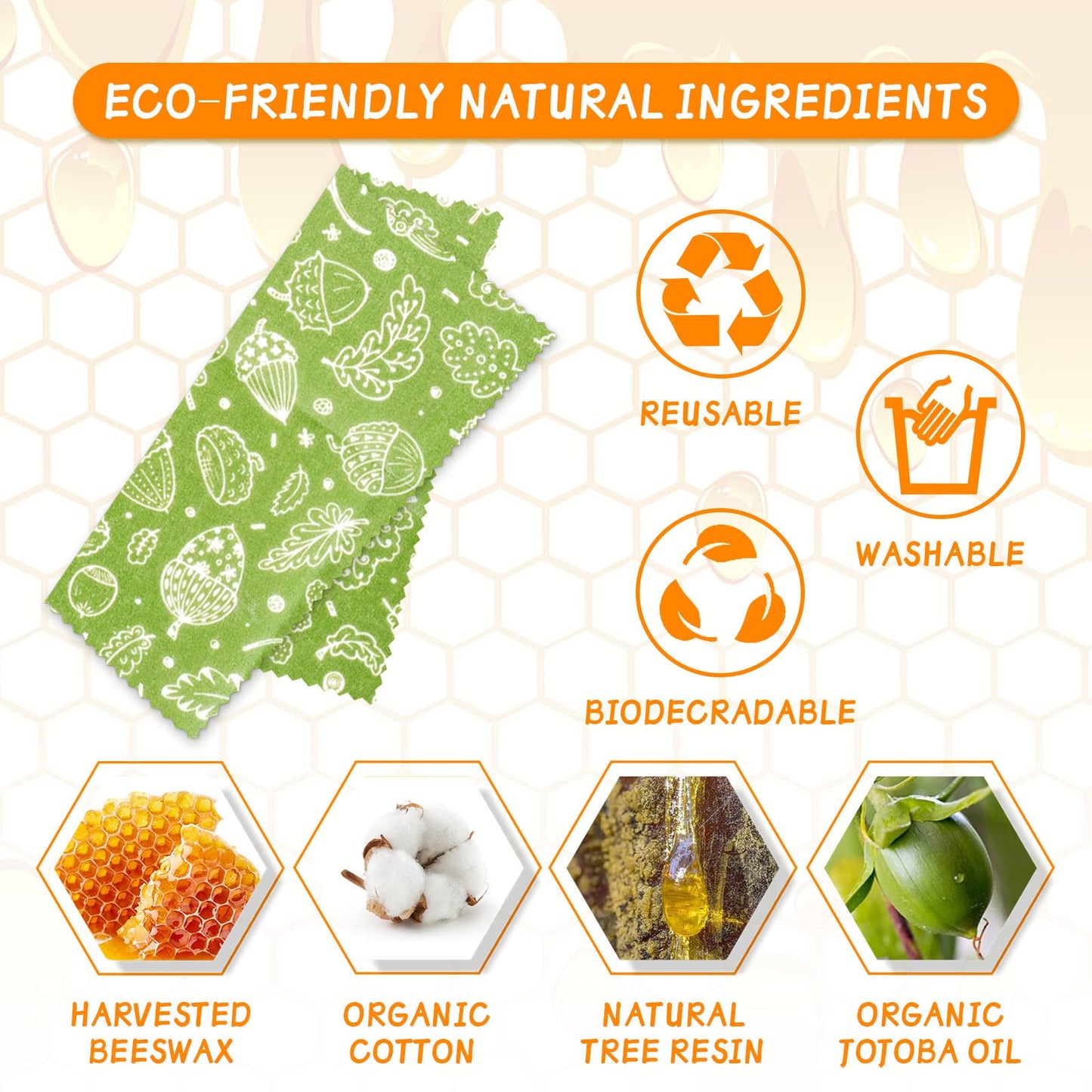 Reusable Beeswax Wrap - 9 Pack Beeswax Wraps For Food, Organic, Sustainable, Biodegradable, Zero Waste, Plastic-Free Food Storage, 1L Strawberry, 3M Orange, 5S Lemon Patterns