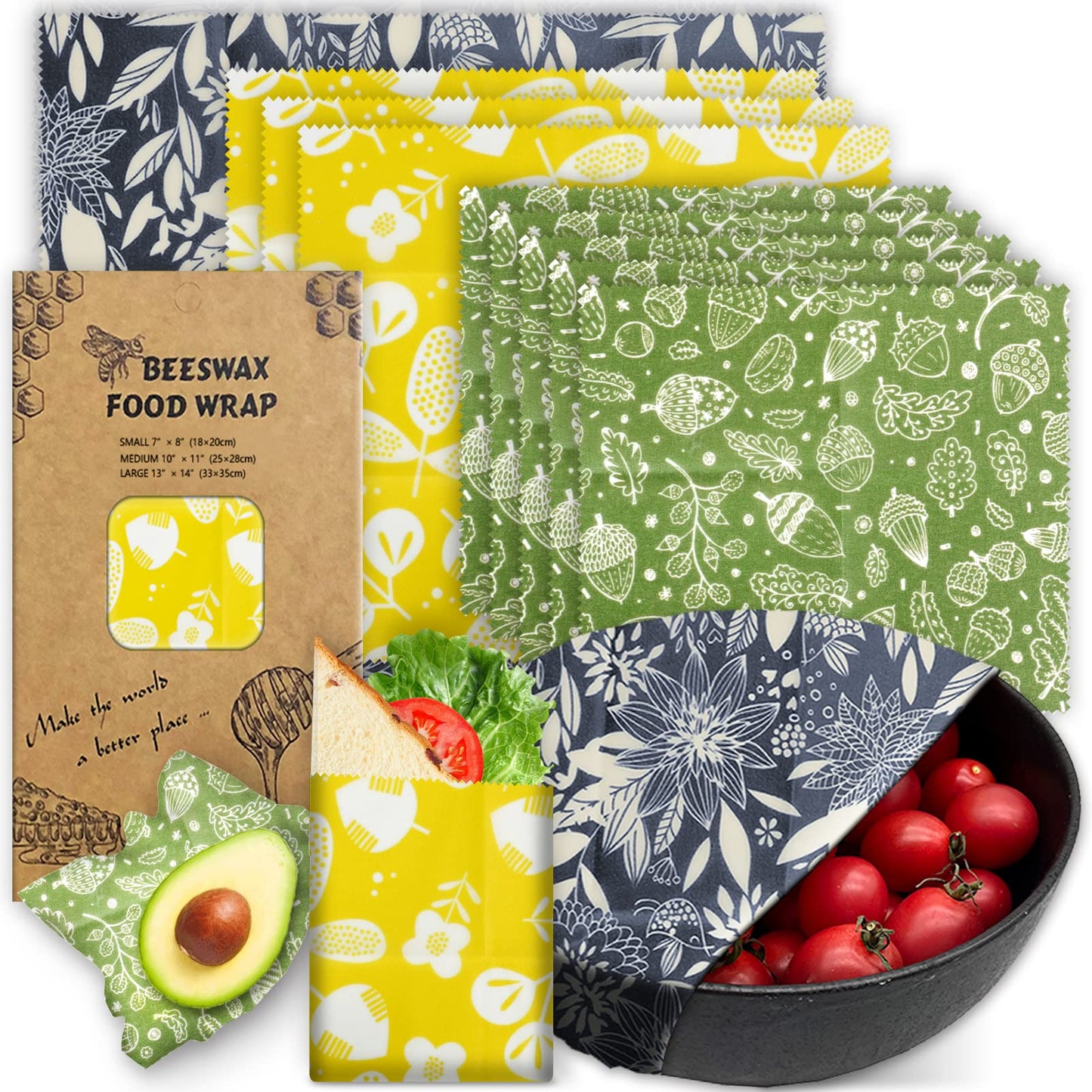 Reusable Beeswax Wrap - 9 Pack Beeswax Wraps For Food, Organic, Sustainable, Biodegradable, Zero Waste, Plastic-Free Food Storage, 1L Strawberry, 3M Orange, 5S Lemon Patterns