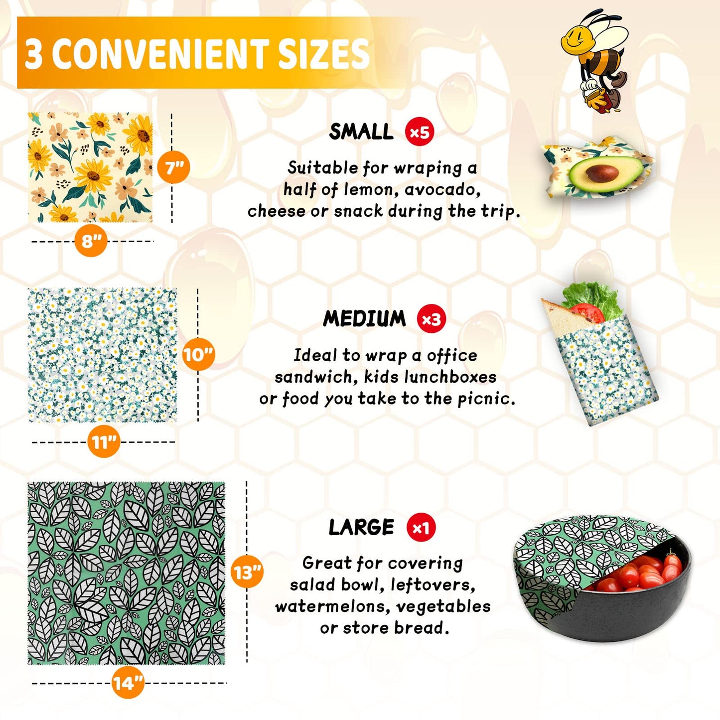 Reusable Beeswax Wrap - 9 Pack Beeswax Wraps For Food, Organic, Sustainable, Biodegradable, Zero Waste, Plastic-Free Food Storage, 1L Strawberry, 3M Orange, 5S Lemon Patterns