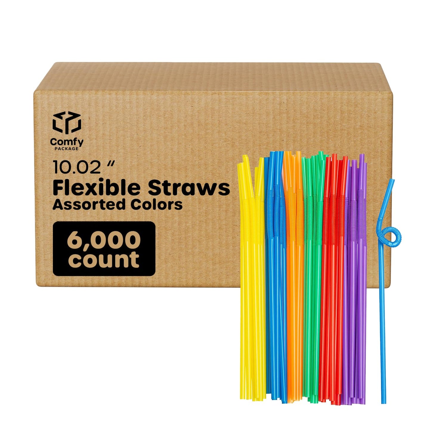 Comfy Package [Case of 6,000] 10.02" High Long Flexible Straws, Disposable Plastic Drinking Straws - Assorted Colors
