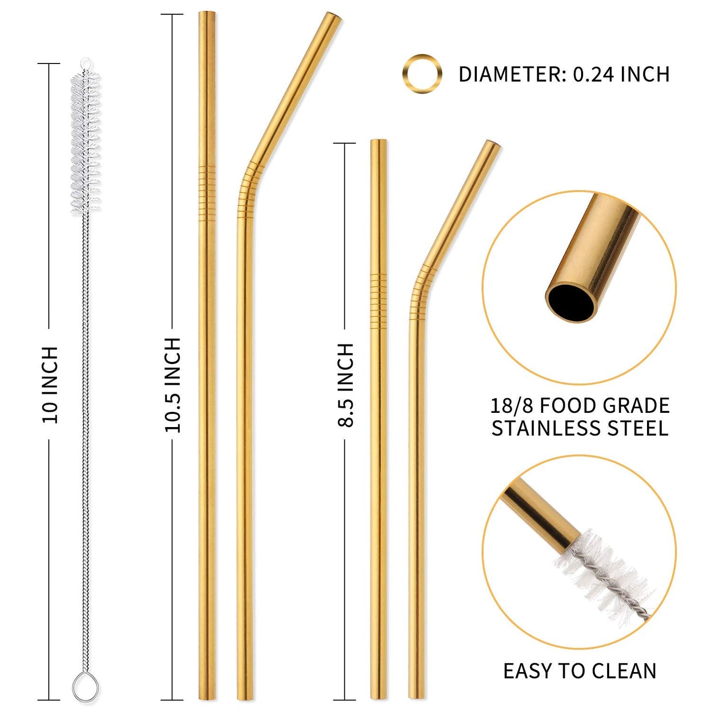 Hiware 12-Pack Reusable Stainless Steel Metal Straws with Case - Long Drinking Straws for 30 oz and 20 oz Tumblers Yeti Dishwasher Safe - 2 Cleaning Brushes Included