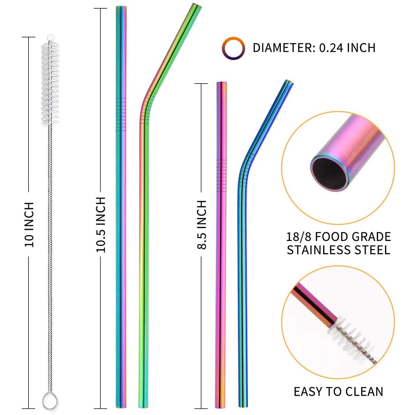 Hiware 12-Pack Reusable Stainless Steel Metal Straws with Case - Long Drinking Straws for 30 oz and 20 oz Tumblers Yeti Dishwasher Safe - 2 Cleaning Brushes Included