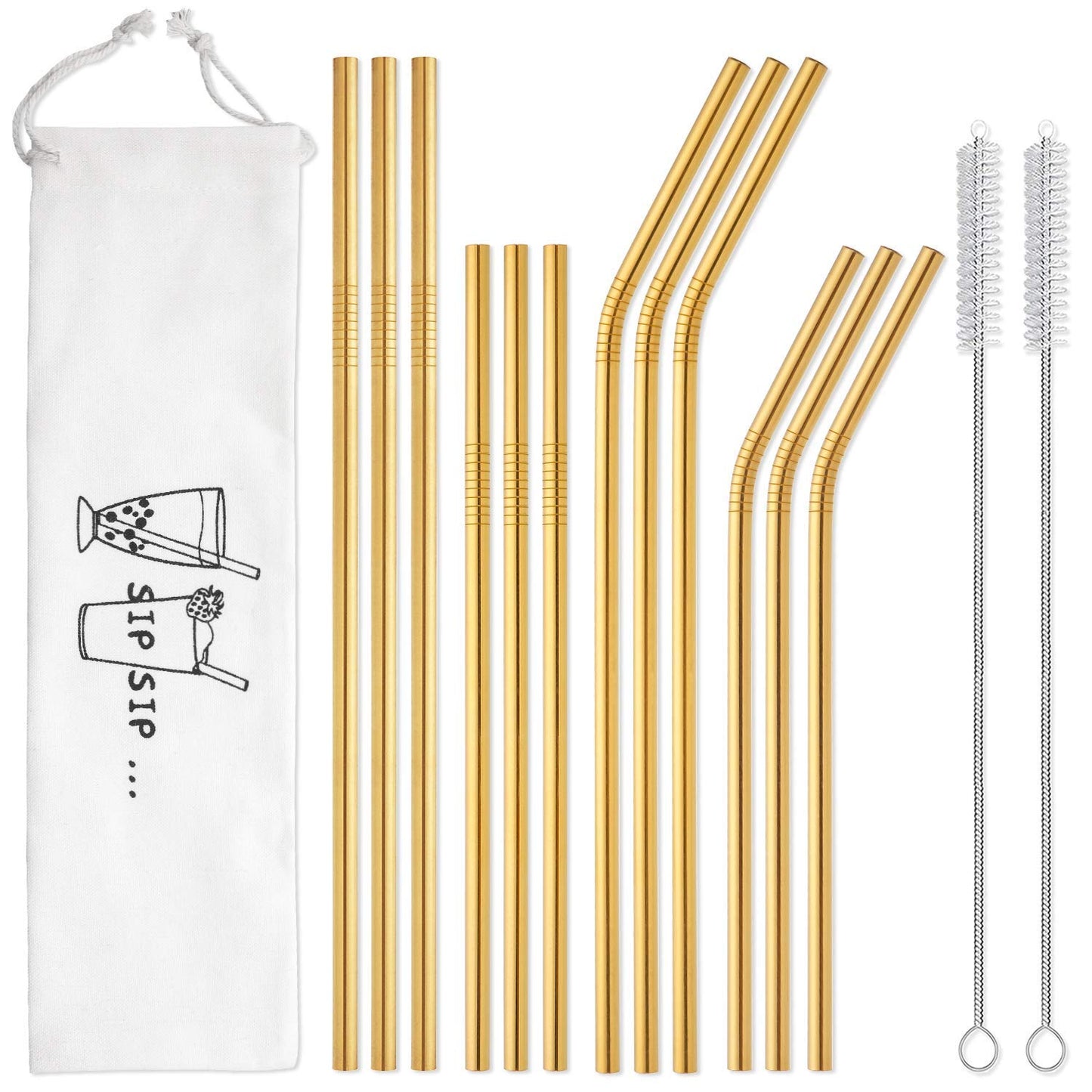 Hiware 12-Pack Reusable Stainless Steel Metal Straws with Case - Long Drinking Straws for 30 oz and 20 oz Tumblers Yeti Dishwasher Safe - 2 Cleaning Brushes Included
