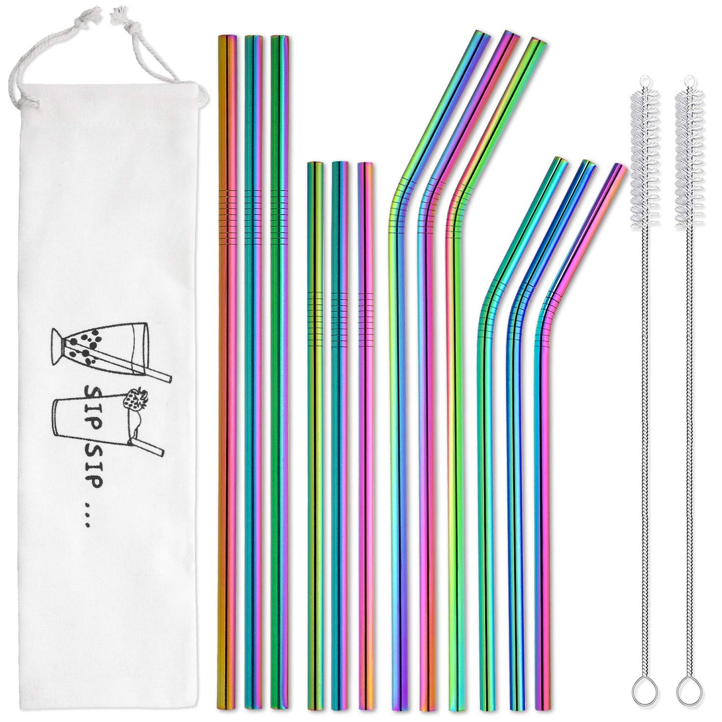 Hiware 12-Pack Reusable Stainless Steel Metal Straws with Case - Long Drinking Straws for 30 oz and 20 oz Tumblers Yeti Dishwasher Safe - 2 Cleaning Brushes Included